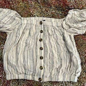 American Eagle Outfitters White Button-Front Off-Shoulder Top with Navy Stripes